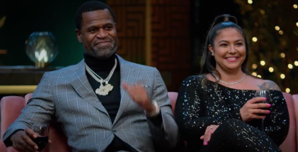 Retired NBA star Stephen Jackson and his wife Renata Elizabeth White are seen during episode 1 of “About Last Night” which aired on HBO Max on Feb. 10, 2022. (Credit: HBO Max)