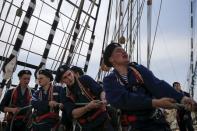 Crew members of Russian four-masted barque Kruzenshtern work on the deck of the ship near the Russian fleet base in Baltiysk in Kaliningrad region, Russia, July 19, 2015. REUTERS/Maxim Shemetov