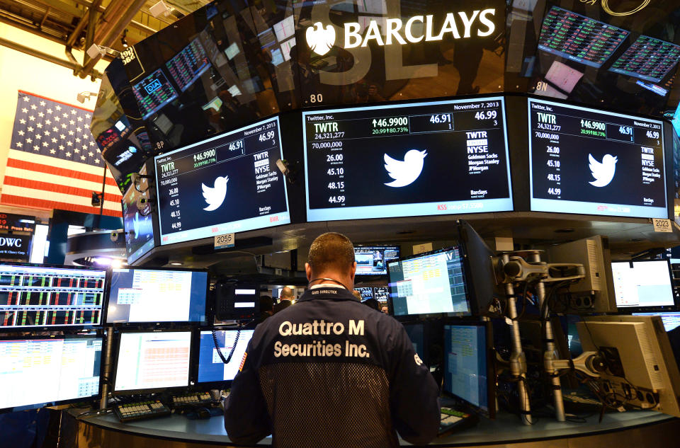 Screens display Twitter's share price at the New York Stock Exchange, on Nov. 7, 2013 in New York. (Emmanuel Dunand / AFP via Getty Images file )