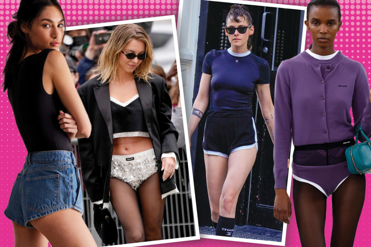 Collage of Sydney Sweeney, Kristin Stewart wearing micro-shorts