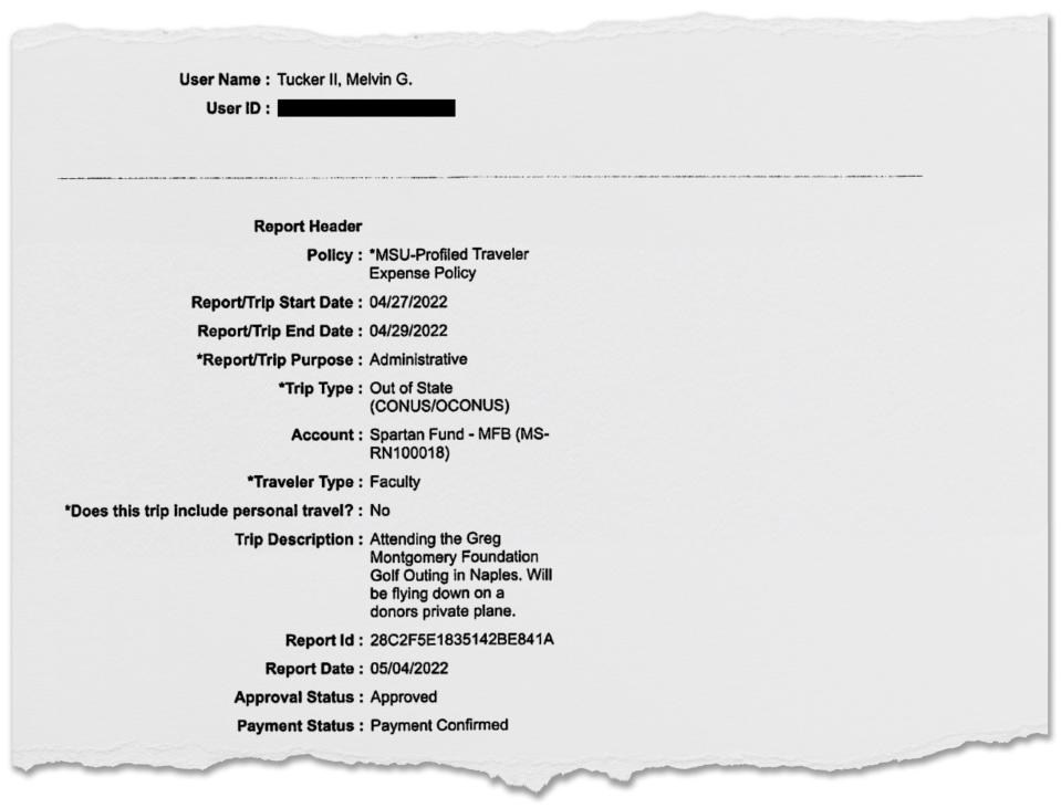An expense report Tucker submitted to the university contradicts his account to the investigator.