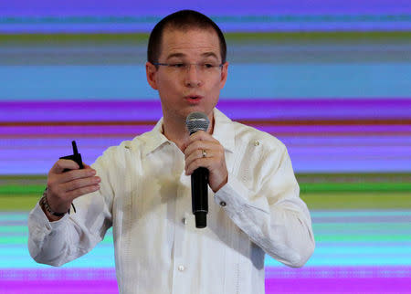 Ricardo Anaya, presidential candidate for the National Action Party (PAN), leading the left-right coalition "For Mexico in Front", addresses the audience during the Mexican Banking Association's annual convention in Acapulco, Mexico March 9, 2018. REUTERS/Henry Romero
