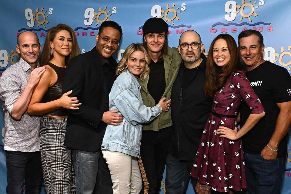 <p>Steven Ferdman/Getty</p> From left: Aaron Jackson, Diana Uribe, William James Jones, Brentley Gore, Kelly Packard, Jay Anthony Franke, Jenny Kwan, and Michael Cade attend a "California Dreams" fan meet & greet at Stitch Bar & Lounge on October 13, 2023 in New York City.