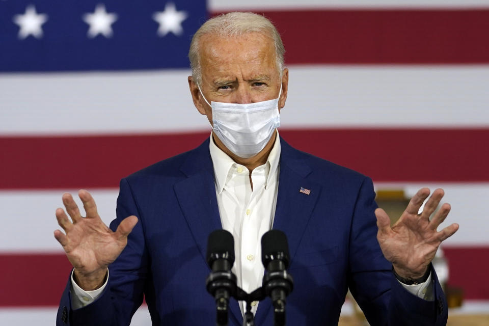 Joe Biden speaks at Wisconsin Aluminum Foundry in Manitowoc, Wis., Monday, Sept. 21, 2020. (Carolyn Kaster/AP)