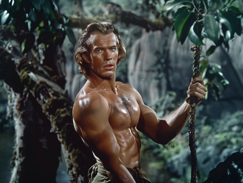 Shirtless man posing as Tarzan with a vine in a jungle setting