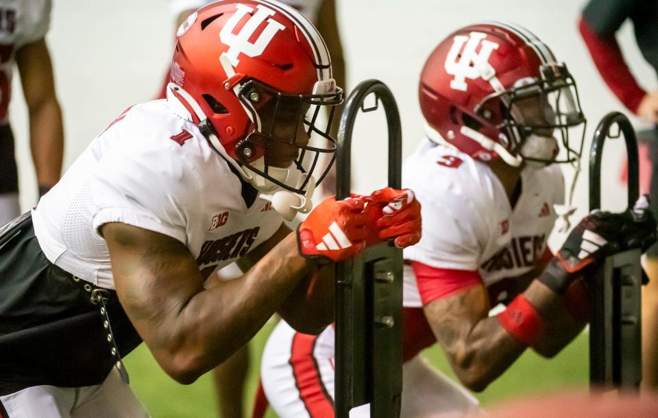 Indiana's Shawn Asbury II (1) performs a drill during spring practice at the Mellencamp Pavilion on Tuesday, April 2, 2024.