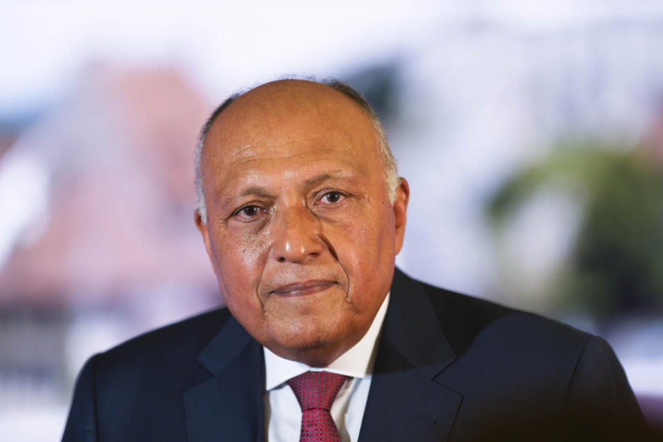 Egyptian Minister of Foreign Affairs Sameh Shoukry poses for media after an interview with the Associated Press at the World Economic Forum in Davos, Switzerland, Monday, May 23, 2022. The annual meeting of the World Economic Forum is taking place in Davos from May 22 until May 26, 2022. (AP Photo/Markus Schreiber)