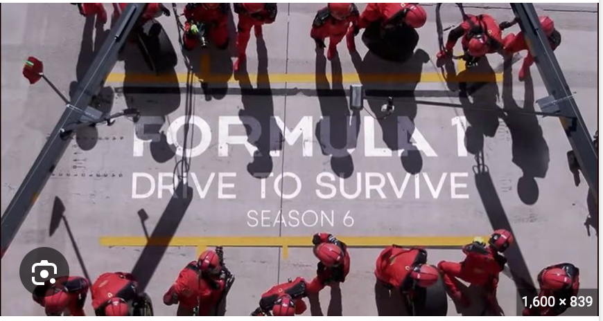  Overhead shot of pit crew in red overalls awaiting the arrival of F1 car in Formula 1: Drive to Survive season 6 on Netflix. 