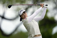 Rose Zhang hits off the 10th tee during the first round of the LPGA Cognizant Founders Cup golf tournament, Thursday, May 9, 2024, in Clifton, N.J. (AP Photo/Seth Wenig)