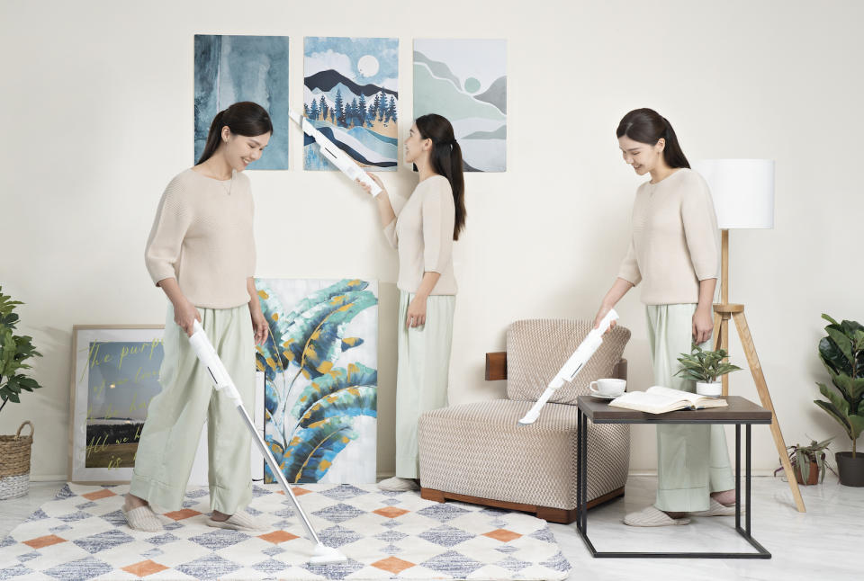 A photo of a woman using the acerpure clean V1 lite in its multiple forms