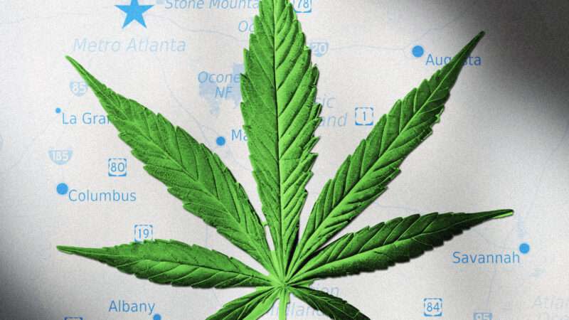 A marijuana leaf set against a map of Georgia.