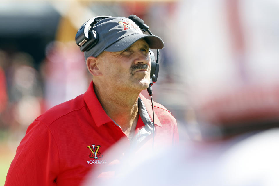 VMI head coach Danny Rocco watches from the sideline during the first half of an NCAA college football game against North Carolina State in Raleigh, N.C., Saturday, Sept. 16, 2023. (AP Photo/Karl B DeBlaker)