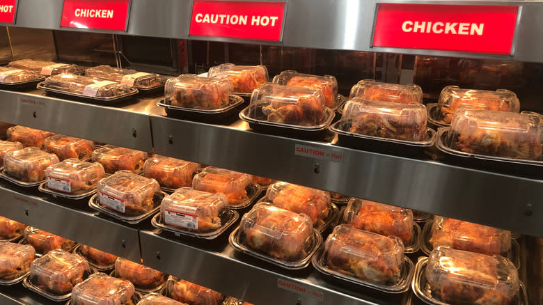 Rotisserie chickens on shelves