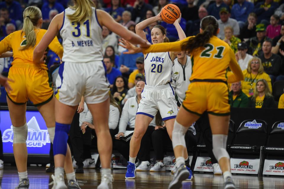 SDSU's forward Tori Nelson (20) looks to pass on Tuesday, March 12, 2024 at Denny Sanford Premier Center in Sioux Falls.