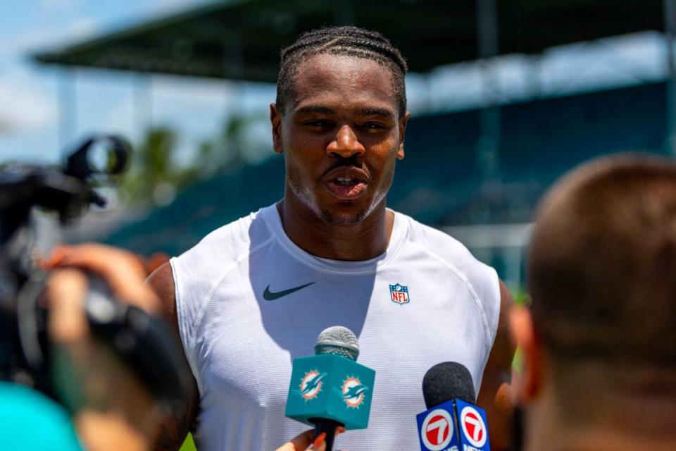 Undrafted linebacker Mitchell Agude (50) speaks to the media during 2023 Miami Dolphins Rookie Minicamp at Baptist Health Training Complex in Miami Gardens, Florida, on Friday, May 12, 2023.