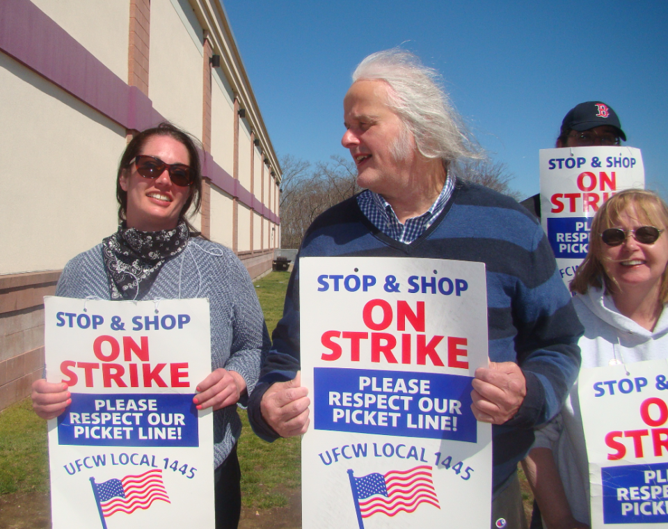 Pete Katsigianis stands on a picket line with fellow Stop & Shop workers at a store in Plainville, Massachusetts, on Wednesday. (Photo courtesy @MariFamulari)