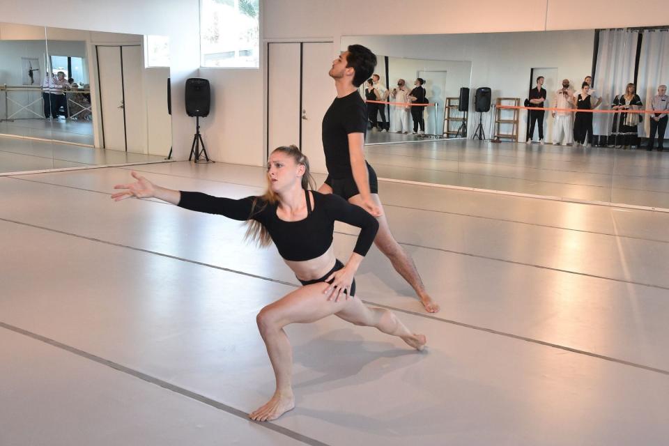 Chad Allen Ortiz and Heidi Buehler perform at the soft opening of the Nickerson-Rossi Dance Company's new Palm Desert location on Oct. 5, 2023.