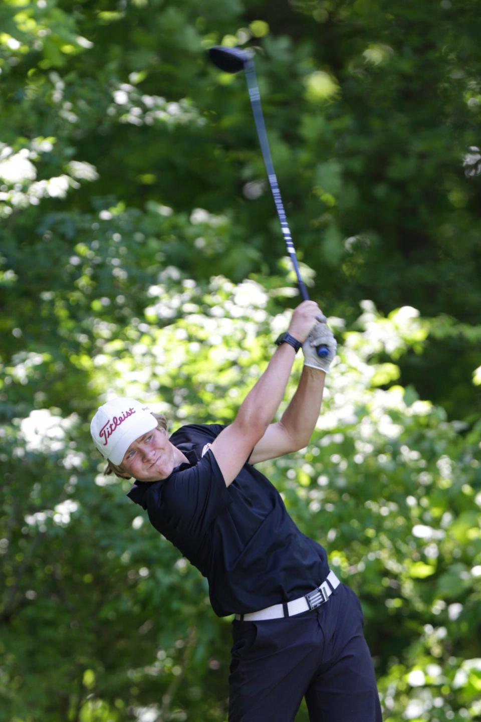 Faith's Sam Peter tees off on hole no. 12 during the IHSAA boys golf sectional, Friday, June 4, 2021 in West Lafayette.