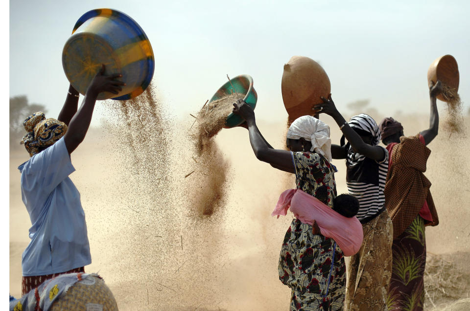 FILE- Malian women sift wheat in a field near Segou, central Mali, Jan. 22, 2013. It's been six months since Russia invaded Ukraine, and the consequences are posing a devastating threat to the global economy. Governments, businesses and families worldwide are feeling the effects just two years after the coronavirus pandemic ravaged global trade. (AP Photo/Jerome Delay, File)