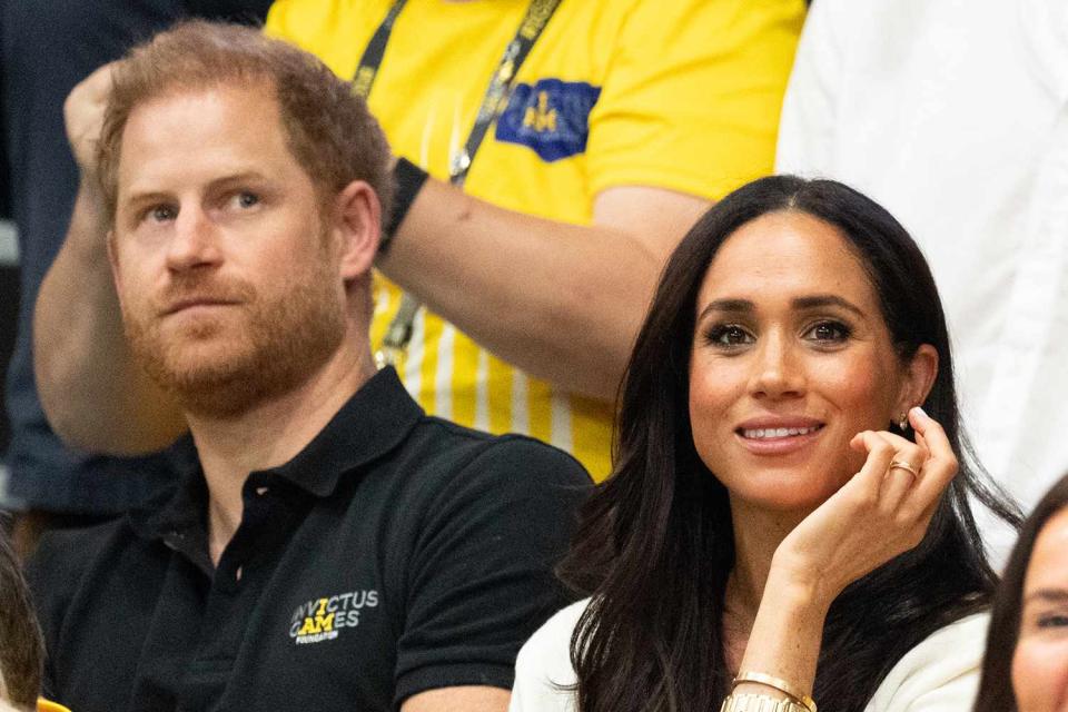 <p>Samir Hussein/WireImage</p> Prince Harry and Meghan Markle in Sept. 2023