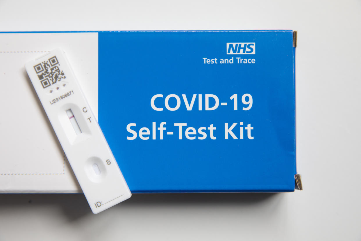 A negative result on a COVID-19 Lateral Flow test strip, Lateral Flow Device (LFD) kits were given to all secondary school pupils in England so they can test themselves twice a week at home on the 21st March 2021 in Folkestone, United Kingdom.  (photo by Andrew Aitchison / In pictures via Getty Images)