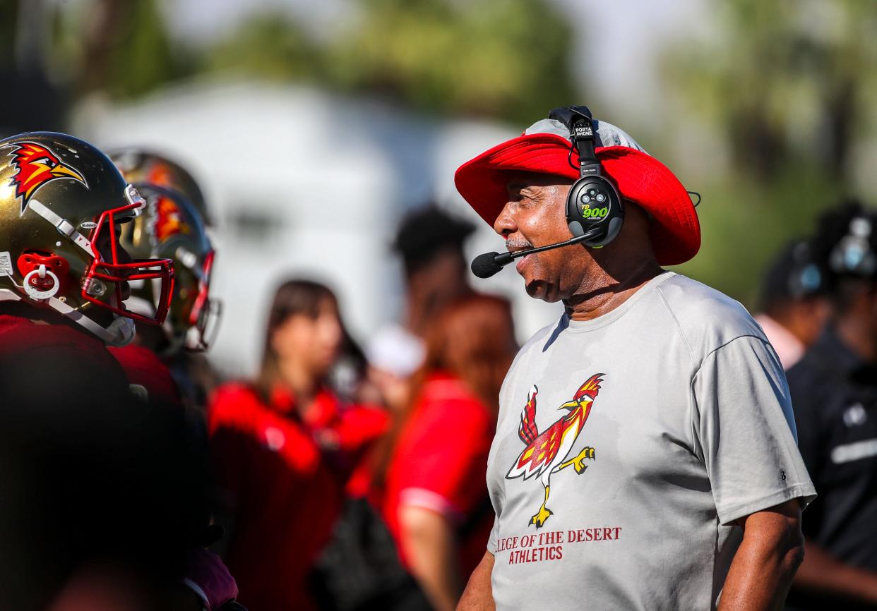 College of the Desert head coach Jack Steptoe smiles at his players after a touchdown during the third quarter of their game at College of the Desert in Palm Desert, Calif., Saturday, Oct. 21, 2023.