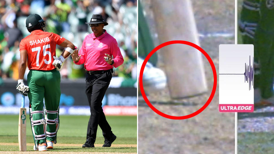 Replays appeared to indicate Shakib Al Hasan got bat on the ball before it hit him in the foot for an LBW call. Pic: Getty/Twitter