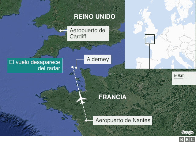 Mapa de la zona en la que desapareció el avión.