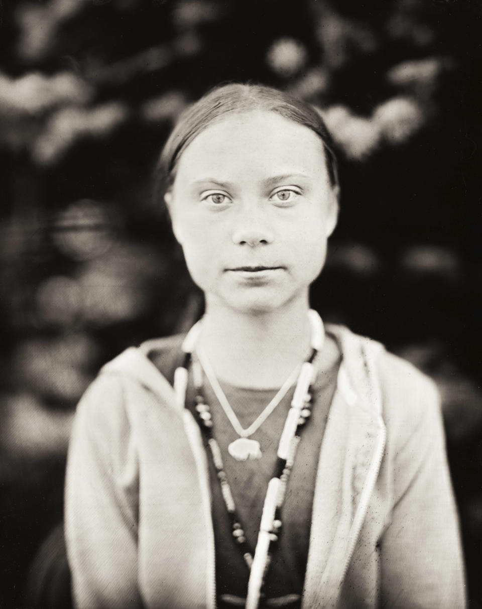 This Oct. 8, 2019 photo provided by Shane Balkowitsch shows climate activist Greta Thunberg visiting the Standing Rock Sioux Reservation in Fort Yates, N.D. Thunberg accepted the photographer's request to pose for the photo using an old technique that involves wetting glass plates with various chemicals before making an exposure. The resulting photographs are being archived at the Library of Congress in Washington and the Swedish History Museum in Stockholm. (Shane Balkowitsch via AP)