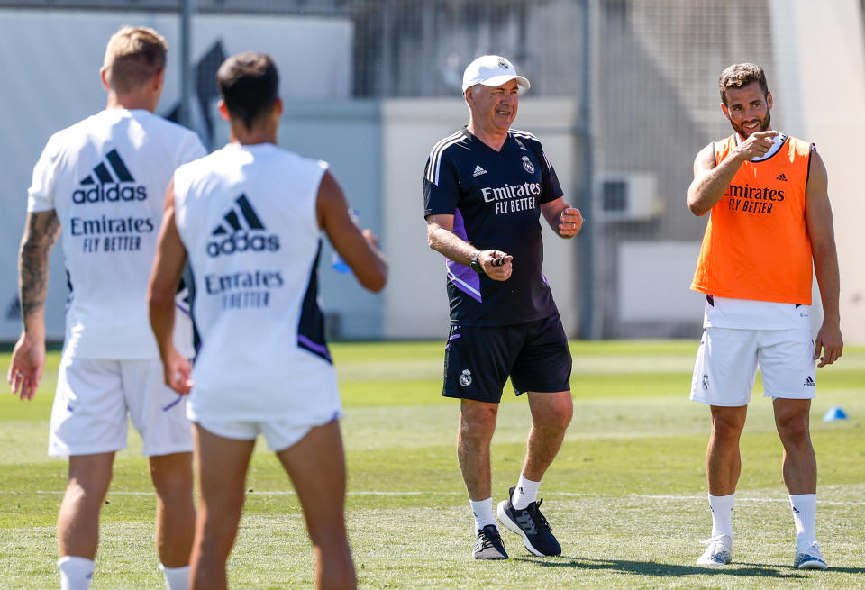 MADRID, SPAIN - JULY 09: Carlo Ancelotti the head coach / manager of Real Madrid with his team at Valdebebas training ground on July 09, 2022 in Madrid, Spain. (Photo by Antonio Villalba/Real Madrid via Getty Images)