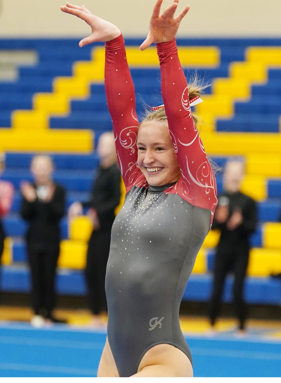 Sadie Johnson of Estelline-Hendricks won the Class A all-around title on Saturday, Feb. 11, 2023 during the final day of the State High School Gymnastics Championships at Aberdeen Central High School.