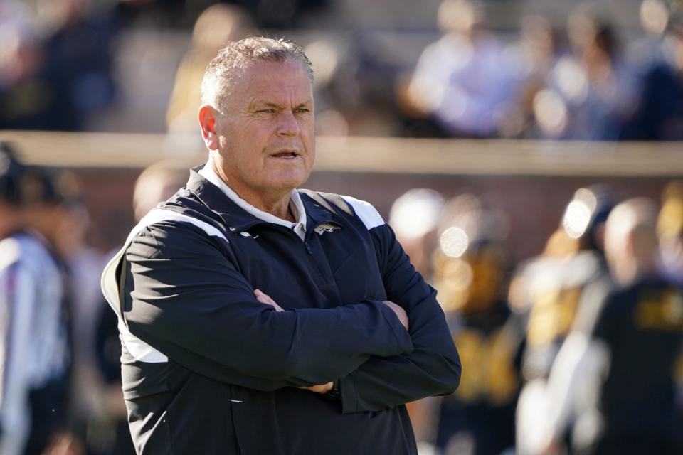 Nov 25, 2022; Columbia, Missouri, USA; Arkansas Razorbacks head coach Sam Pittman watches team warm ups up against the Missouri Tigers prior to a game at Faurot Field at Memorial Stadium. Mandatory Credit: Denny Medley-USA TODAY Sports