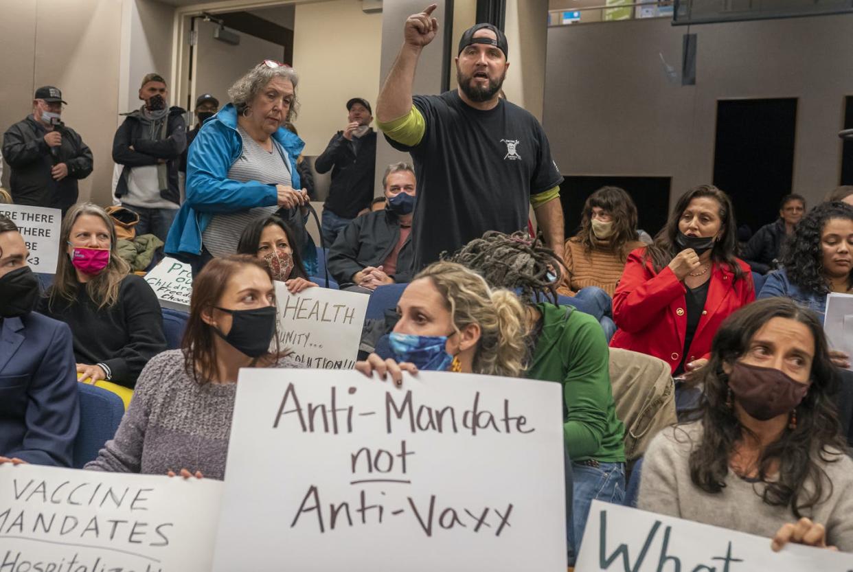 <span class="caption">School board elections are increasingly contested. </span> <span class="attribution"><a class="link " href="https://www.gettyimages.com/detail/news-photo/chris-tough-reacts-in-objection-during-a-portland-public-news-photo/1236153993?adppopup=true" rel="nofollow noopener" target="_blank" data-ylk="slk:Nathan Howard/Getty Images;elm:context_link;itc:0;sec:content-canvas">Nathan Howard/Getty Images</a></span>