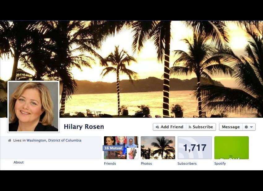 Democratic Strategist <a href="http://www.facebook.com/hilary.rosen" target="_hplink">http://www.facebook.com/hilary.rosen</a> (Disclosure: Rosen was once employed by The Huffington Post.)