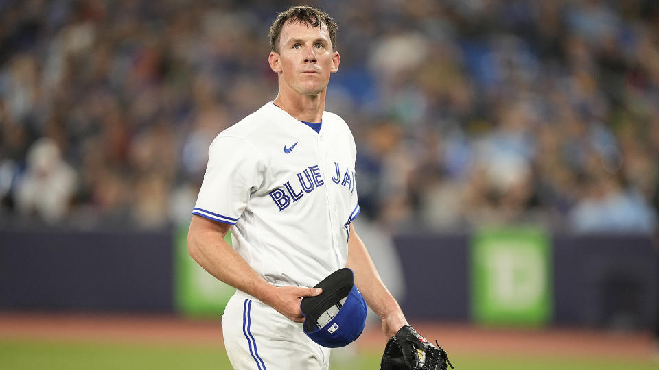 Blue Jays starting pitcher Chris Bassitt took out his frustrations in the dugout after a tough first inning on Sunday. (John E. Sokolowski-USA TODAY Sports)