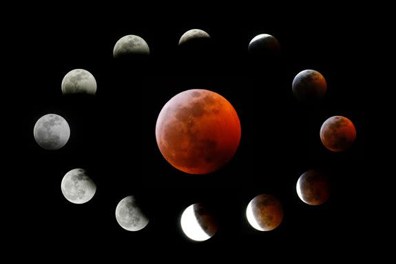 Mandatory Credit: Photo by Ringo H W Chiu/AP/REX/Shutterstock (10069502a) This combination photo shows the totally eclipsed moon, center, and others at the different stages during a total lunar eclipse, as seen from Los Angeles, . It was also the year's first supermoon, when a full moon appears a little bigger and brighter thanks to its slightly closer position. During totality, the moon will look red because of sunlight scattering off Earth's atmosphere. That's why an eclipsed moon is sometimes known as a blood moon. In January, the full moon is also sometimes known as the wolf moon or great spirit moon Lunar Eclipse , Los Angeles, USA - 20 Jan 2019