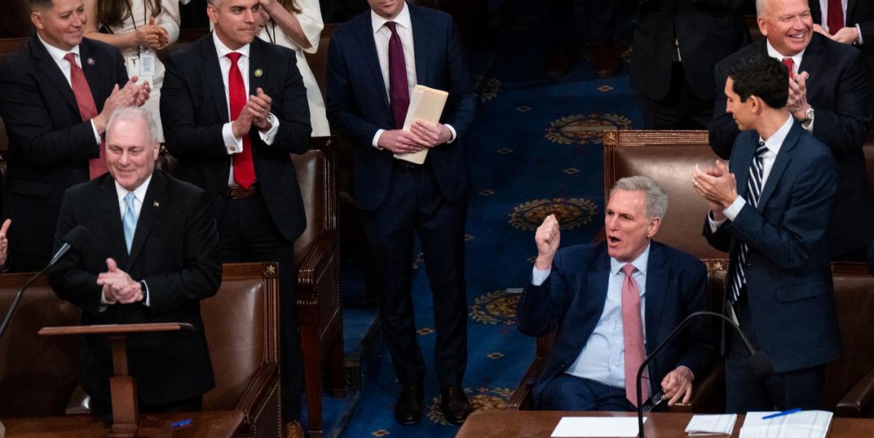 united states january 3 house majority leader steve scalise, r la, nominates republican leader kevin mccarthy, r calif, before the third round of voting in the house chamber on tuesday, january 3, 2023 bill clarkcq roll call, inc via getty images