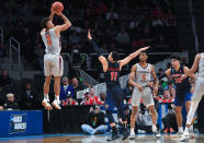 <p>Wabissa Bede #3 of the Virginia Tech Hokies shoots in front of Georgie Pacheco-Ortiz #11 of the Liberty Flames in the second round of the 2019 NCAA Men’s Basketball Tournament held at SAP Center on March 24, 2019 in San Jose, California. (Photo by Justin Tafoya/NCAA Photos via Getty Images) </p>