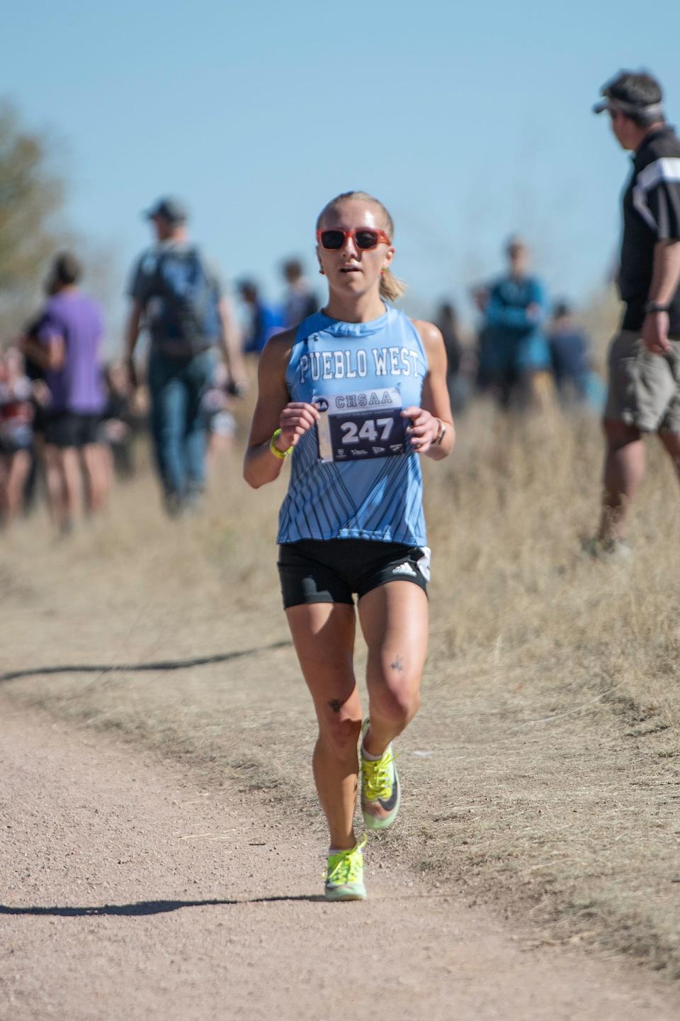 Pueblo West's Amelia Marmolejo enters the second mile of the Class 4A state cross country finals at the Norris Penrose Event Center in Colorado Springs on Saturday, Oct. 29, 2022.