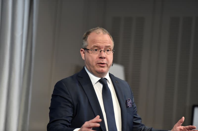 Martin Lundstedt, CEO of Volvo, presents the company's first quarter results at a news conference in Stockholm