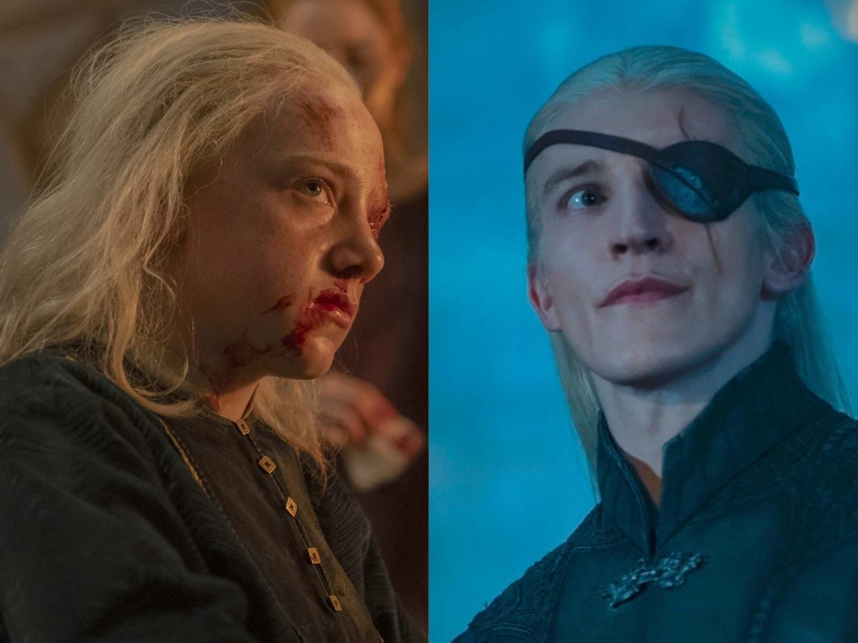 left: leo ashton as young aemond targaryen, a teenage boy with messy long blonde hair and a bloody wound over his left eye, bathed in warm light; right: ewan mitchell as adult aemond targaryen, with a scar and eyepatch over his left eye and well-kept blonde hair pulled back