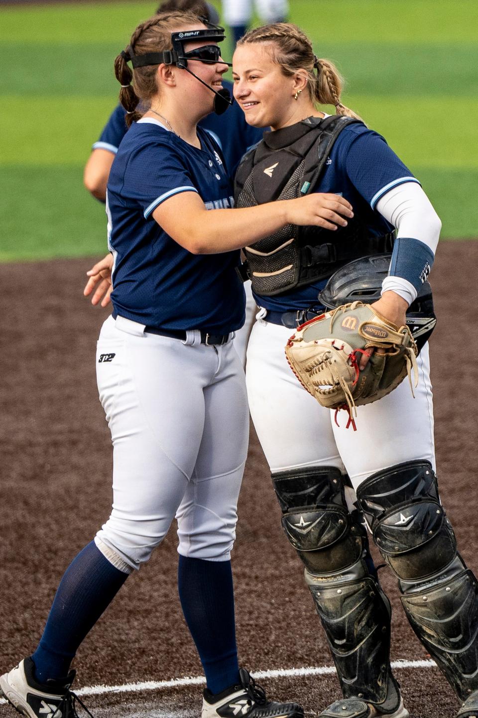 Morris Catholic takes on St. Joseph Academy in the Non-Public B softball state finals at Kean University in Union, NJ on Friday, June 9, 2023. MC #23 Carly Mockenhaupt and MC #24 Kate Heslin. 