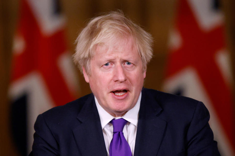 Prime Minister Boris Johnson during a media briefing on coronavirus (COVID-19) in Downing Street, London. (Photo by John Sibley/PA Images via Getty Images)