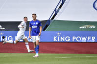 Chelsea's Ross Barkley, left, celebrates after scoring his side's opening goal during the FA Cup sixth round soccer match between Leicester City and Chelsea at the King Power Stadium in Leicester, England, Sunday, June 28, 2020. (AP Photo/Rui Vieira, Pool)