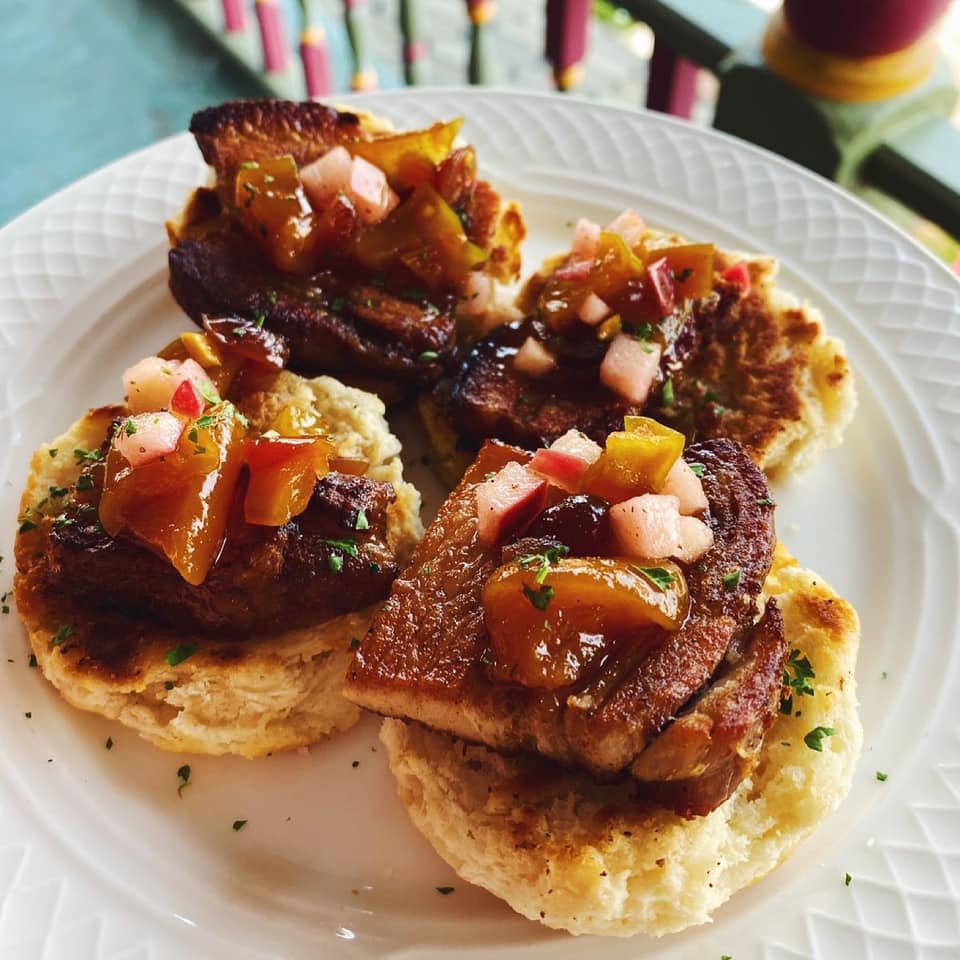 Rose Villa Restaurant, Southern Table and Bar offers a variety of brunch menu options including Belly & Biscuits which consists of crispy house-smoked pork belly, grilled biscuits and tree fruit chutney.