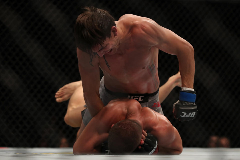 LAS VEGAS, NV - JULY 06:  Chance Rencountre grapples Ismail Naurdiev of Austria in their welterweight fight during the UFC 239 event at T-Mobile Arena on July 6, 2019 in Las Vegas, Nevada.  (Photo by Christian Petersen/Zuffa LLC/Zuffa LLC)