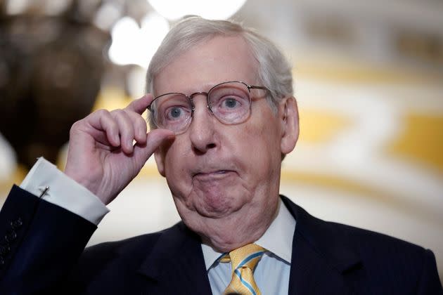 Senate Minority Leader Mitch McConnell (R-Ky.) listens to reporters after a policy luncheon on July 11, 2023, in Washington, D.C.