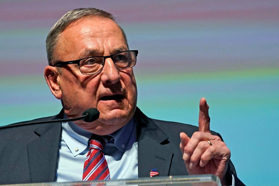 Republican candidate for governor Paul LePage speaks at the Republican state convention April 30, 2022, in Augusta, Maine. LePage is challenging incumbent Democratic Gov. Janet Mills.