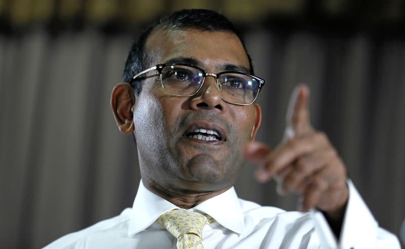 Maldives former President Nasheed speaks during a news conference ahead of the Maldives presidential election, in Colombo