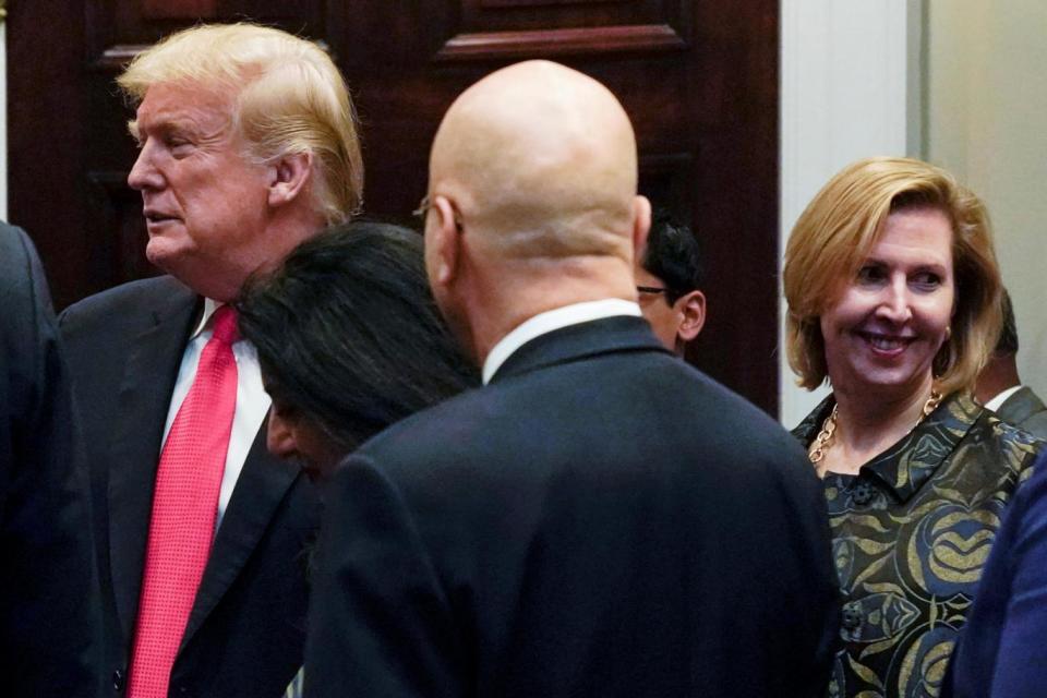 White House Deputy National Security Advisor Mira Ricardel with Donald Trump at a Diwali ceremony earlier (REUTERS)